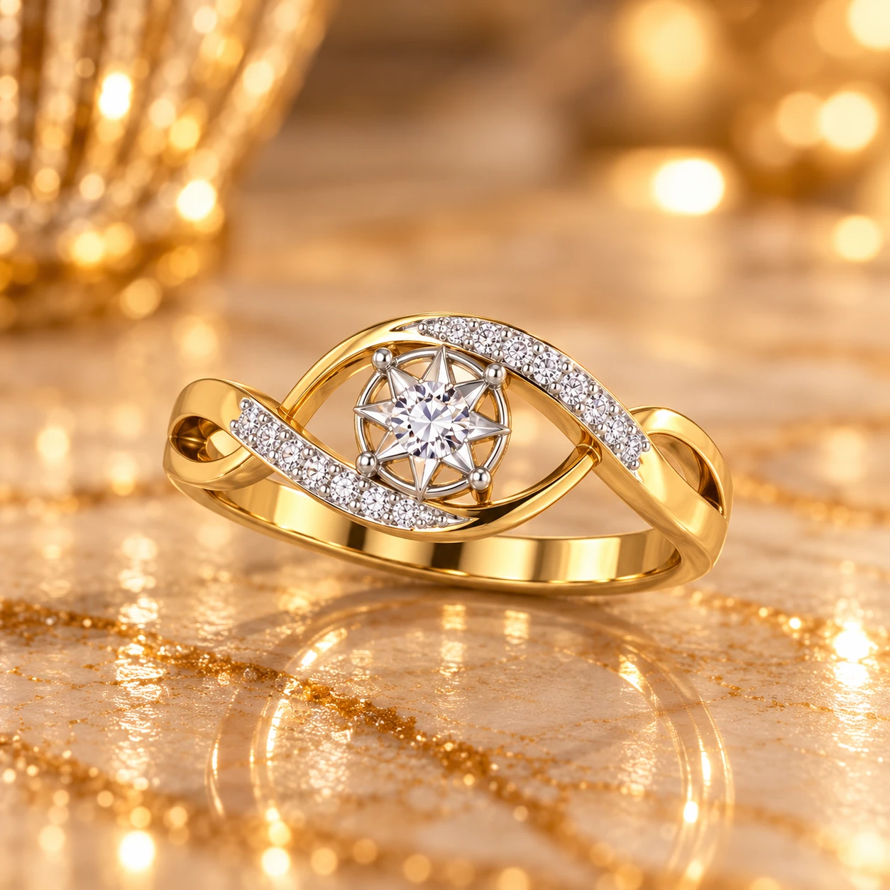 Diamond celestial star motif ring in 18K yellow gold on a marble surface